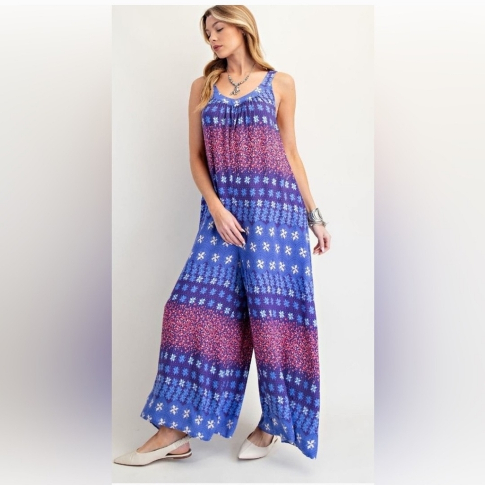Easel Vibrant Blue and Pink Patterned Jumpsuit NWOT